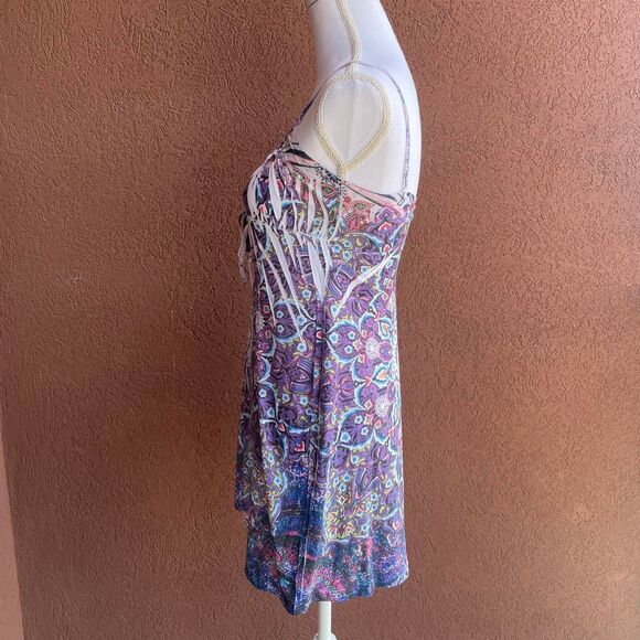 Y2K Purple/Blue Americana Tattoo Art Block Print Bedazled Mandala Mini Dress - Picture 6 of 8